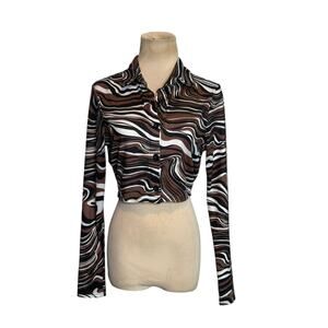 Shein brown stripe long sleeves button crop blouse size small